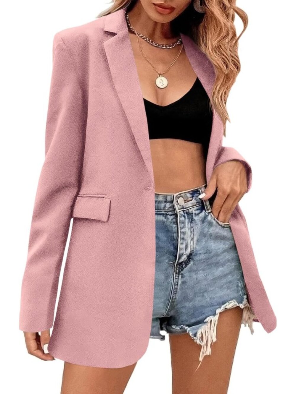 🆕Women's Light Pink Loose Fit Single Button Blazer Long Sleeve Office Suit Coat